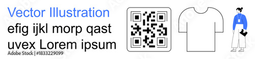Digital marketing, e-commerce, branding, technology, personalization, retail design. A QR code with text, t-shirt icon and a person standing. Digital marketing and e-commerce concept