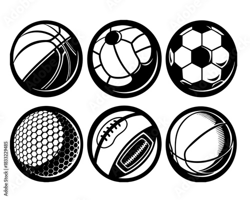 Collection of 6 sports ball icons set woodcut black and white.