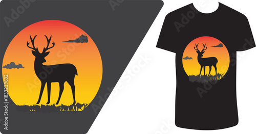 Elegant deer silhouette in sunset circle for wildlife t-shirt print