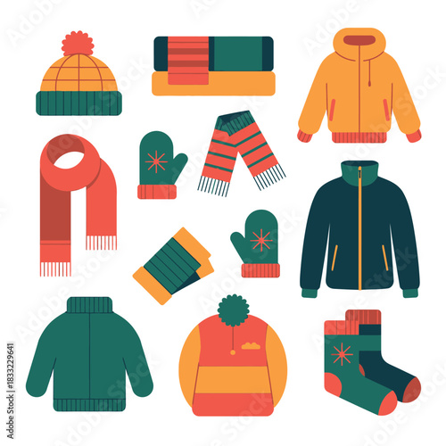A collection of colorful winter clothing items, including hats, scarves, gloves, and jackets.