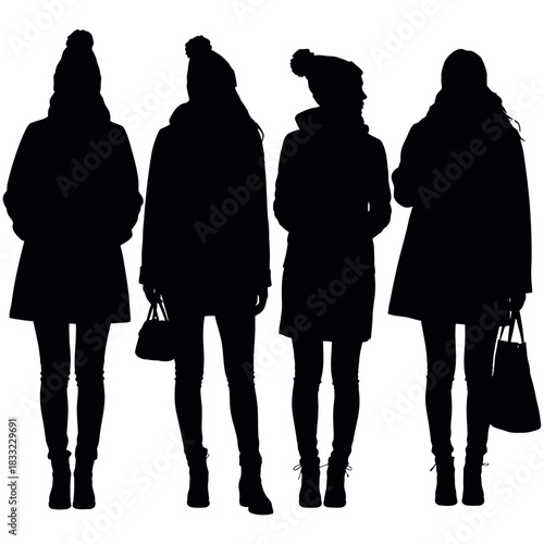 Four fashionable women in winter clothing stand in a line, their silhouettes stark against a white background.