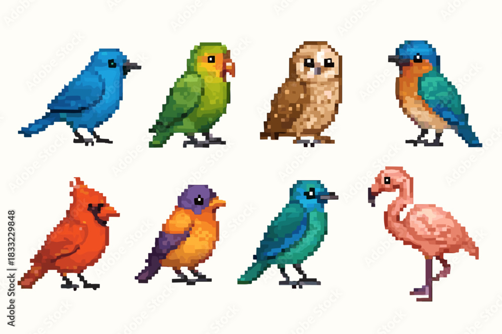 Obraz premium Pixel Art Birds Collection – Colorful Vector Bird Icons