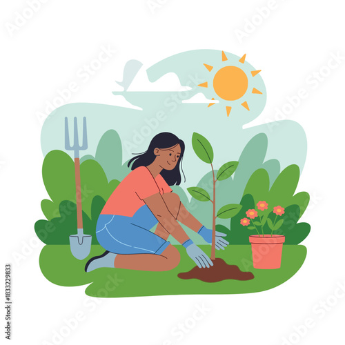 A person plants a sapling in a garden with a trowel and a pot of flowers nearby.