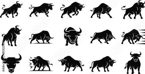 Collection of black bull silhouette vector illustrations in various poses