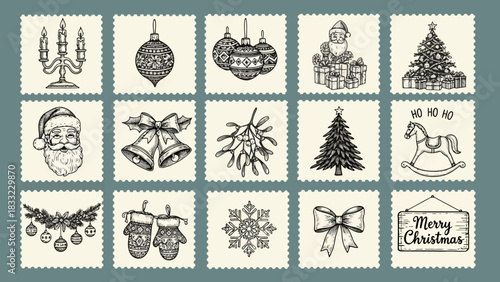 Collection of vintage hand drawn christmas holiday icons isolated on white background
