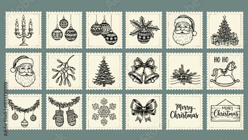Collection of vintage hand drawn christmas holiday icons isolated on white background