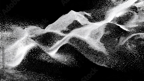 Abstract white digital particles forming flowing waves on black background Vector, illustration