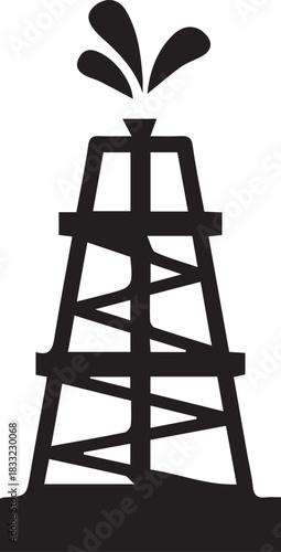Silhouette of an oil derrick with oil spraying from the top