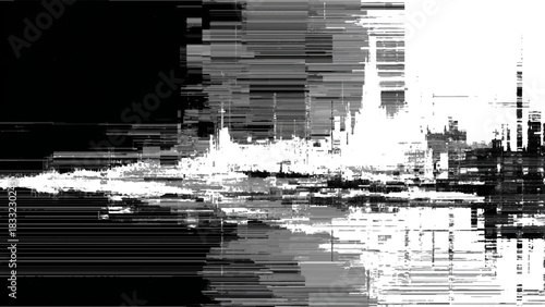 Abstract glitch art cityscape reflecting in water with horizontal lines effect Vector, illustration
