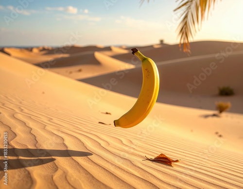 Fototapeta Naklejka Na Ścianę i Meble -  A ripe banana floating over a sandy desert dune