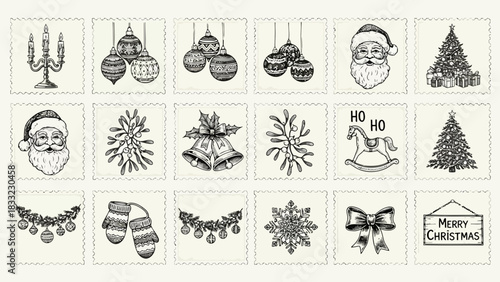 Collection of vintage hand drawn christmas holiday icons isolated on white background