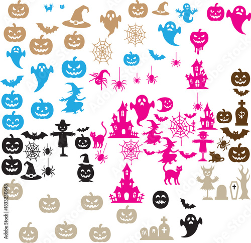 halloween icon grid with colorful spooky elements including ghost pumpkin bat spider cat and haunted house
