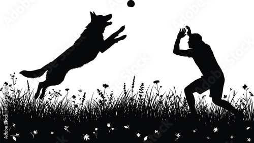 Man and dog playing in a grassy field, silhouette of a playful German Shepherd or wolf-like dog jumping high to catch a ball, active outdoor summer fun, black and white vector illustration