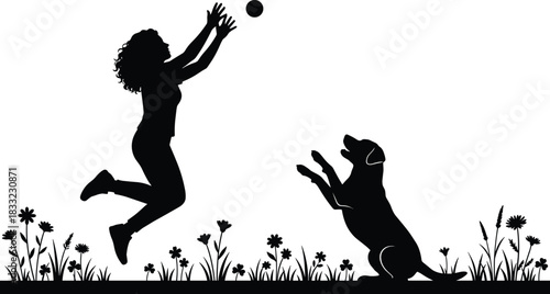 Woman and dog playing catch in a meadow, silhouette of a curly-haired woman jumping with her faithful Labrador pet, active outdoor summer fun, black and white vector illustration