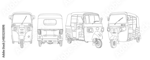 Auto Rickshaw Line Art Multiple Views of Tuk Tuk Vector Illustration,
CNG Three Wheeler Outline Drawing Front, Side, and Rear Views,
Detailed Tuk Tuk Vector Auto Rickshaw Minimal Line Artwork.