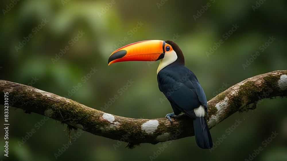 Fototapeta premium Vibrant Toucan Perched on Mossy Branch in Lush Rainforest.