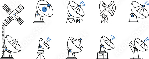 Satellite dish antenna icon set showing communication, signal transmission and space technology equipment in modern outline style for digital and scientific use