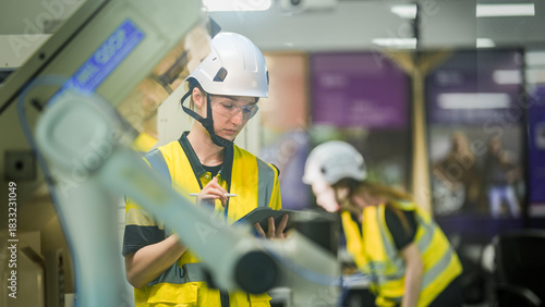A female robotics engineer in an R and D lab uses a tablet to program an artificial intelligence cobot. She is inspecting the robotic system hardware and software diagnostics.