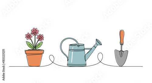 Continuous one-line drawing of gardening tools including a flower pot a watering can and a trowel with color accents.