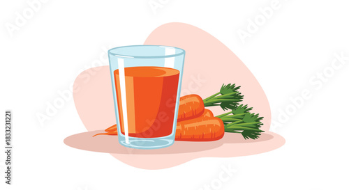 Freshly squeezed carrot juice in a glass with a bunch of whole carrots on the side in a healthy food illustration.