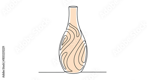 Minimalist tall vase with an abstract swirl pattern drawn in a continuous one-line art style with a beige color spot.