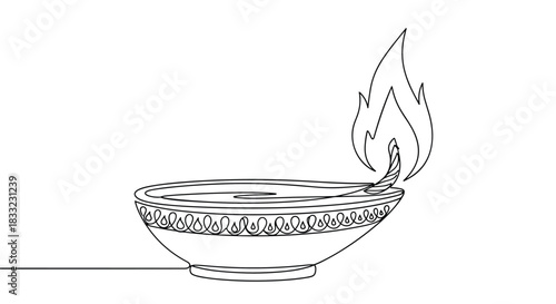 Continuous one-line drawing of a traditional indian diya oil lamp with a burning flame for the diwali festival.