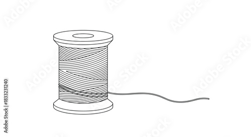 Simple black and white line art illustration of a wooden spool of thread used for sewing and needlework.