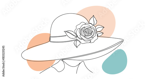Elegant wide-brimmed sun hat decorated with a rose flower drawn in a continuous line style with abstract color shapes.