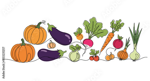 A variety of fresh and colorful vegetables drawn in a continuous one-line art style perfect for healthy food concepts.