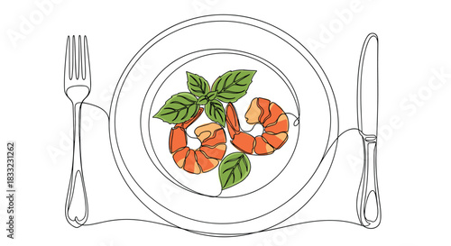 Continuous one-line drawing of a gourmet dish with shrimp and basil on a plate with a fork and knife.