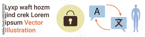 Cybersecurity, multilingual communication, data protection, translation services, encryption, language learning. Lock icon, speech bubbles with arrows human silhouette. Cybersecurity