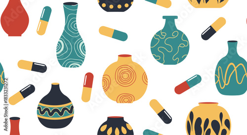 Seamless pattern with colorful hand-drawn vases in various shapes and abstract pill capsules on a white background.