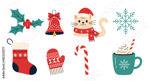 Collection of cute and festive christmas holiday icons including a cat stocking candy cane bell holly and hot chocolate.