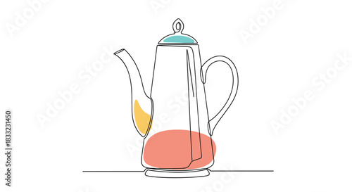 Tall coffee pot drawn in a continuous one-line art style with abstract color shapes for a modern kitchen aesthetic.