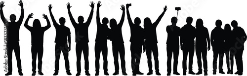 Group selfie silhouette, people celebrating, raised arms, social moment, unity expression, black icon, minimal design, joyful gathering, flat vector
