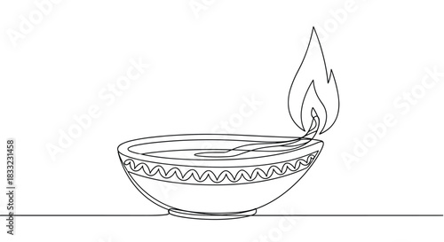 Simple continuous one-line drawing of a traditional diya oil lamp with a flame for the indian festival of diwali.