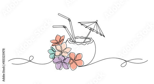 Tropical coconut cocktail with straws an umbrella and plumeria flowers drawn in a continuous single line art style.