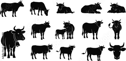 Collection of black silhouettes of cows and bulls in various poses