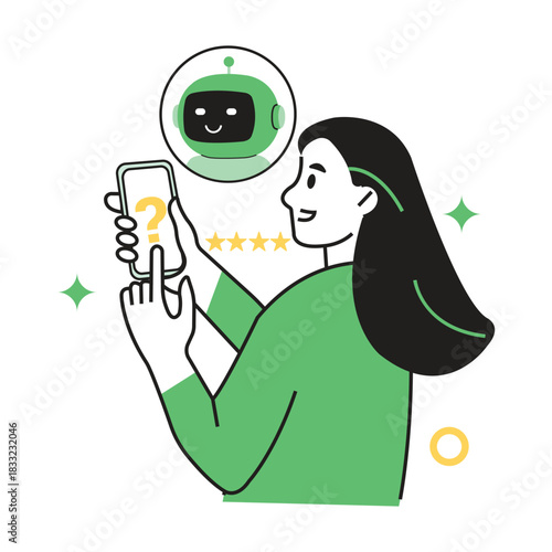 Survey and feedback character vector. User interacts with ai chatbot via smartphone for customer support, service feedback, and problem resolution assistance.
