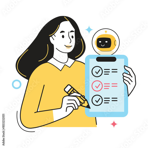 Survey and feedback character vector. Woman utilizing a digital checklist application with an ai chatbot for efficient task management and organization
