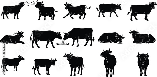 Diverse collection of zebu cattle silhouettes in various poses