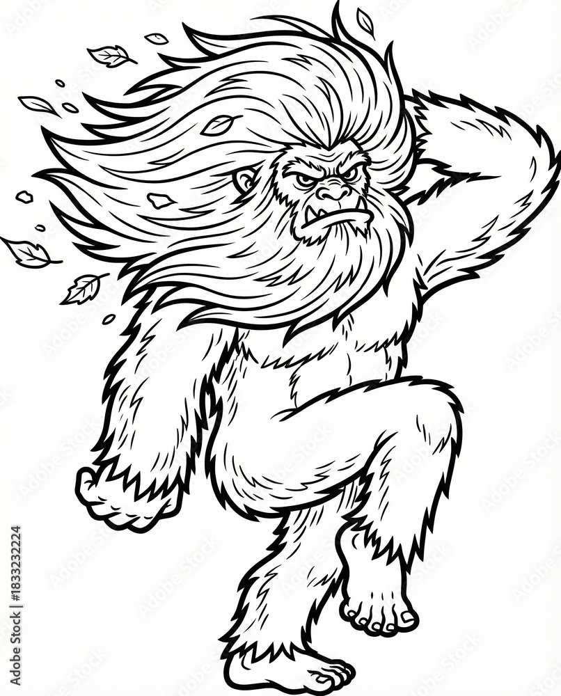 Fototapeta premium Fierce Monster with Flowing Hair Striding Through Nature with Leaves in Motion