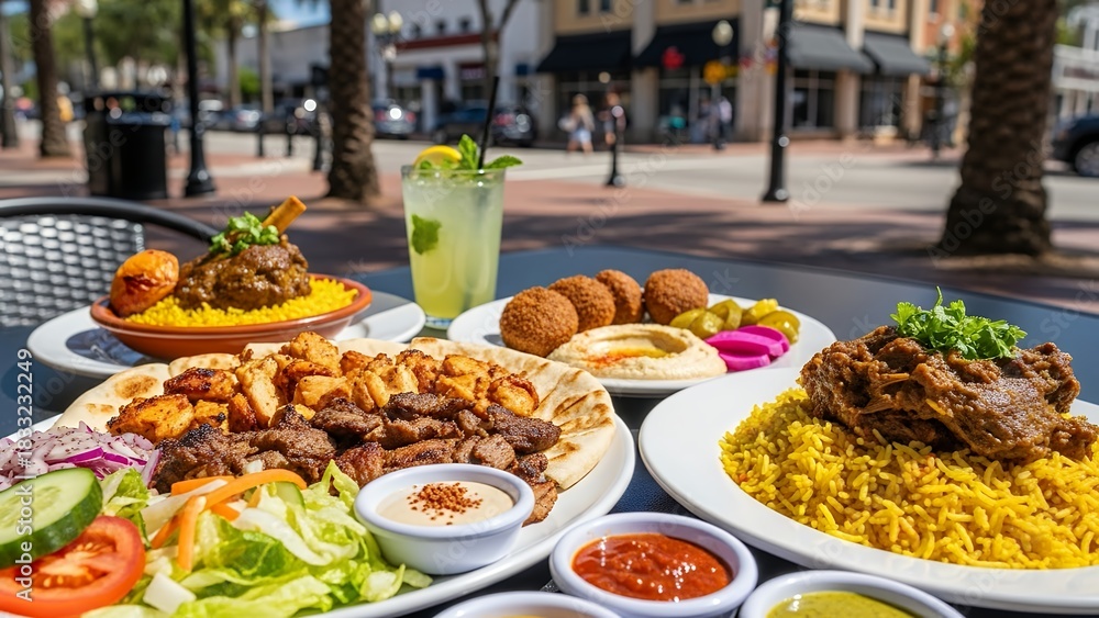 Obraz premium Delicious Middle Eastern Cuisine A Colorful Spread of Shawarma, Falafel, and Hummus