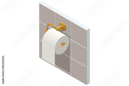 Isometric illustration of a toilet paper roll hanging on a golden wall holder mounted on ceramic tiles. Simple bathroom interior detail.