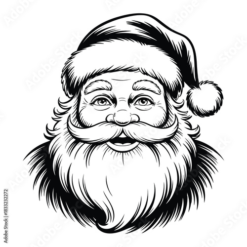 A jolly Santa Claus with a bushy white beard and a cheerful expression wears his iconic hat.