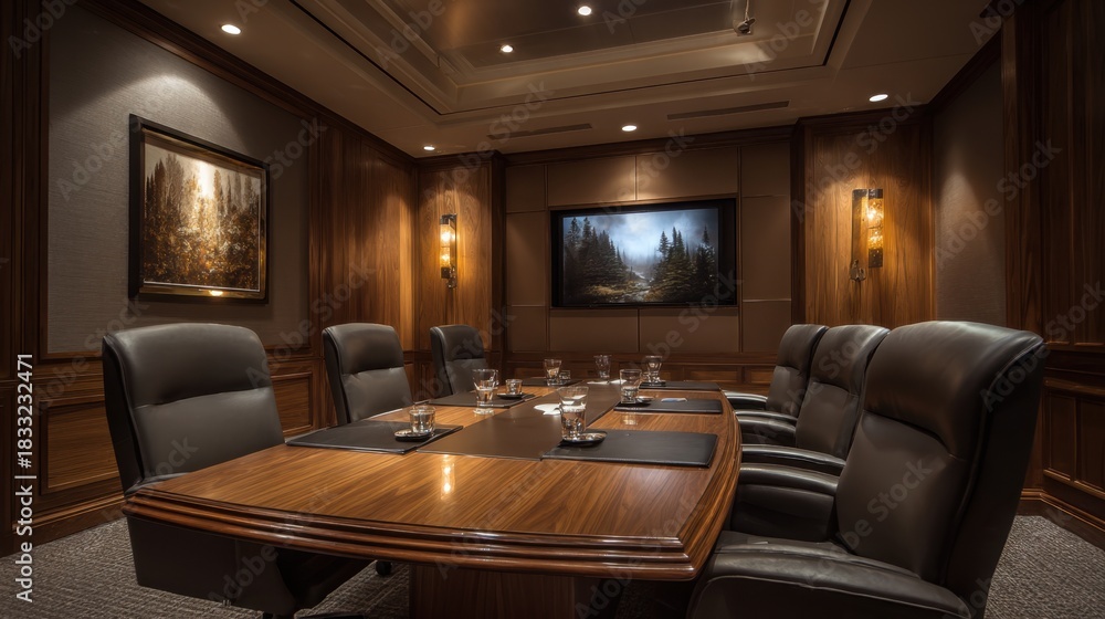Fototapeta premium A luxurious boardroom with a large wooden table leather chairs and artwork on the wall