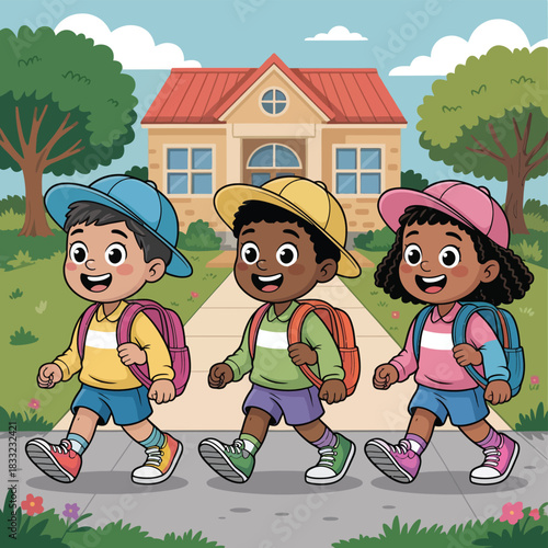 Three diverse cartoon children with backpacks walk happily towards a school building.