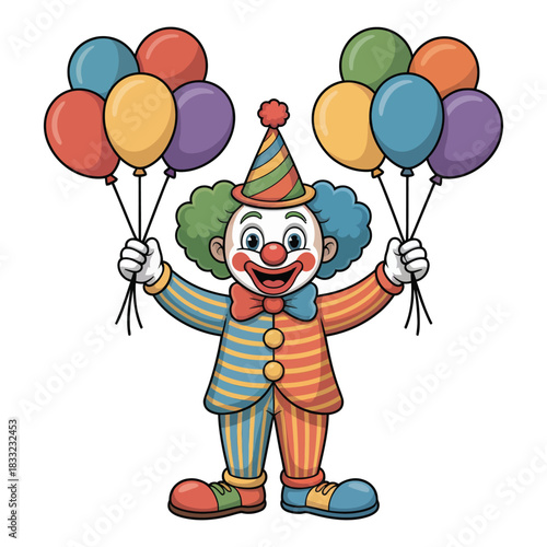 Cheerful clown character holding colorful balloons while wearing a striped party hat.
