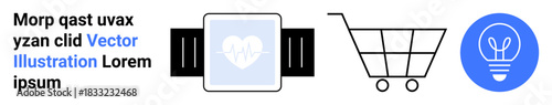 Technology, online shopping, healthcare, smart devices, innovation, e-commerce. Minimalist smartwatch with a heart icon, shopping cart and light bulb graphic. Healthcare and technology