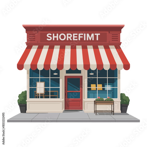 A charming storefront with a red awning and the name SHOREFIMT above the door.